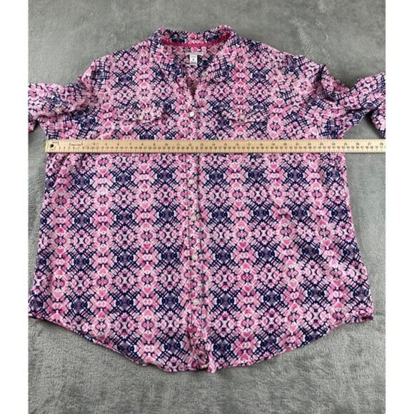 Croft & Barrow Woman 1X Pink Blue Print 3/4 Sleeve Button Front Shirt Top - Picture 6 of 12